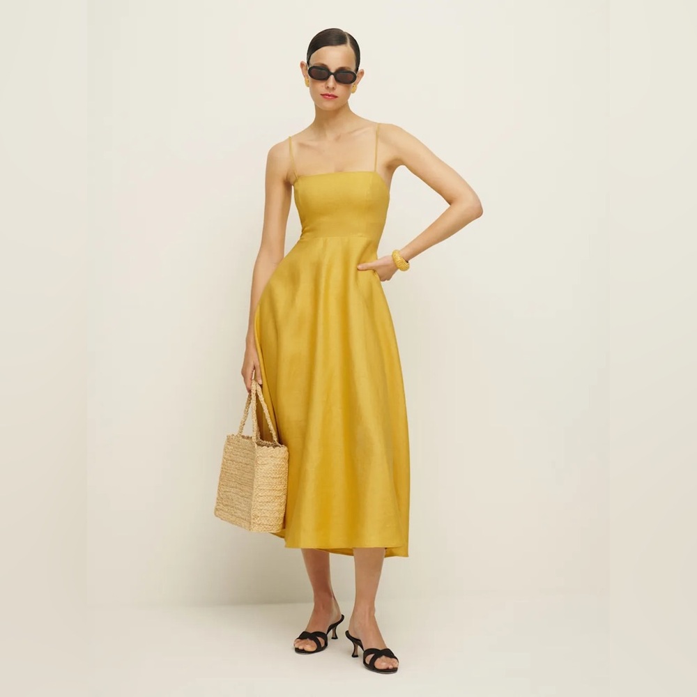 $278 REFORMATION Sunflower Yellow Monette Linen Midi Dress, Size 0